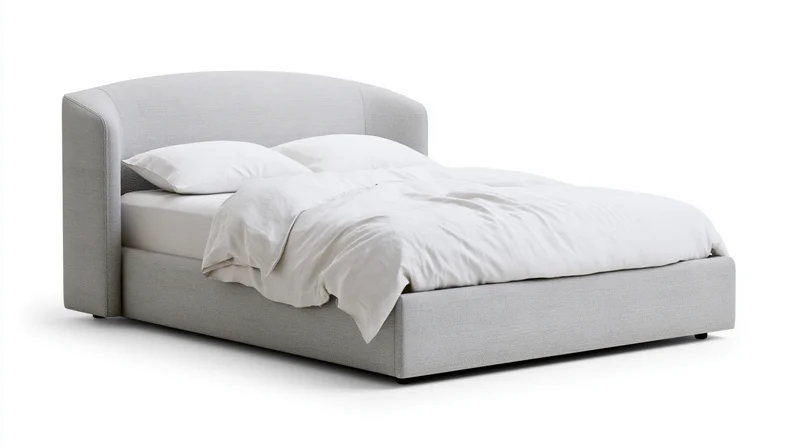 Modern upholstered platform bed with curved winged headboard on white background