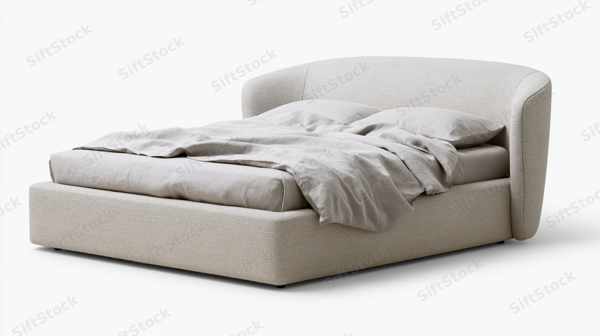 Modern upholstered platform bed with curved winged headboard on white background