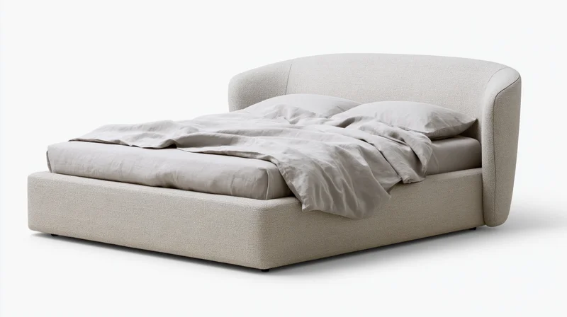 Modern upholstered platform bed with curved winged headboard on white background