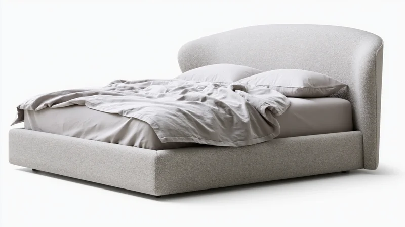 Modern upholstered platform bed with curved winged headboard on white background