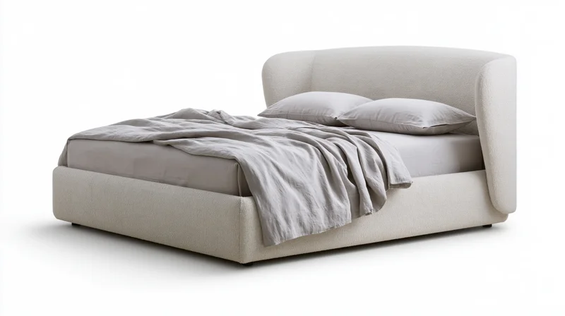 Modern upholstered platform bed with curved winged headboard on white background