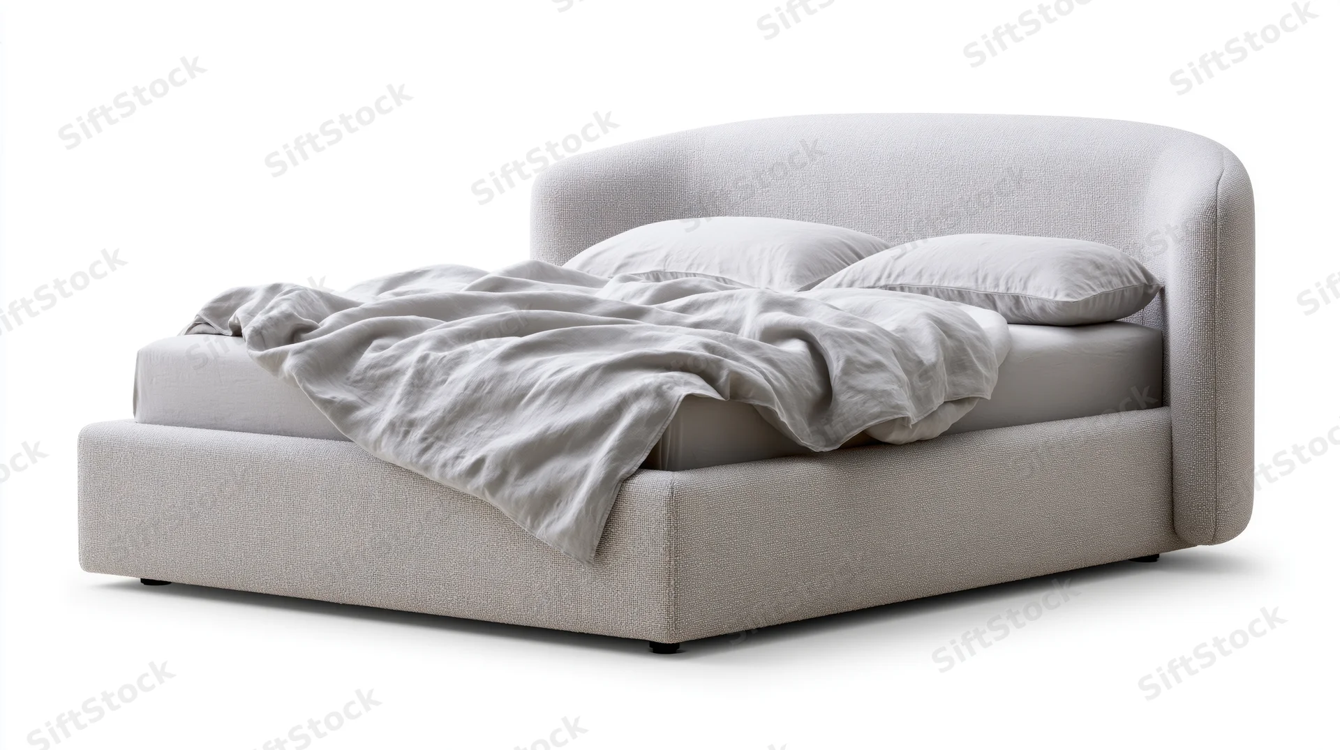 Modern upholstered platform bed with curved winged headboard on white background