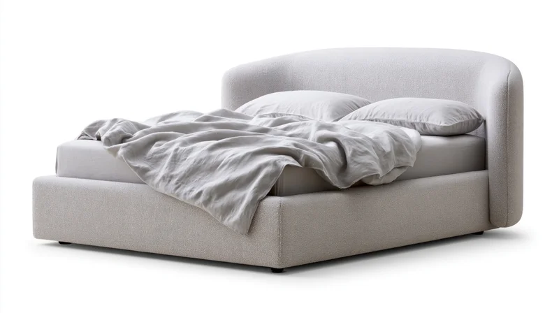 Modern upholstered platform bed with curved winged headboard on white background