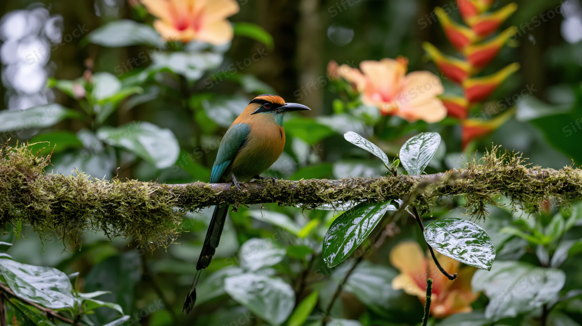 Motmot bird perched on moss-covered branch in dense tropical rainforest with hibiscus and heliconia flowers