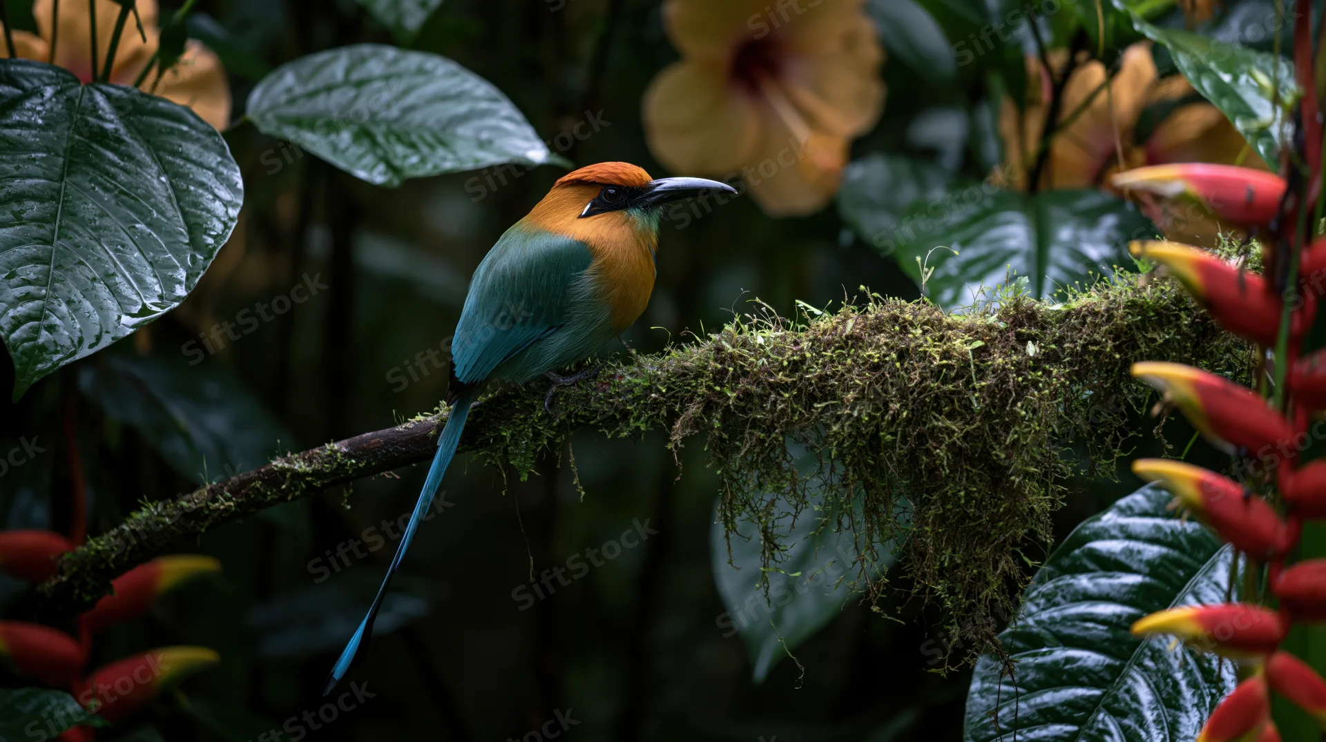 Motmot bird perched on moss-covered branch in dense tropical foliage