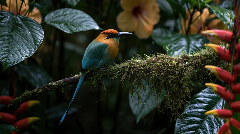 Motmot bird perched on moss-covered branch in dense tropical foliage