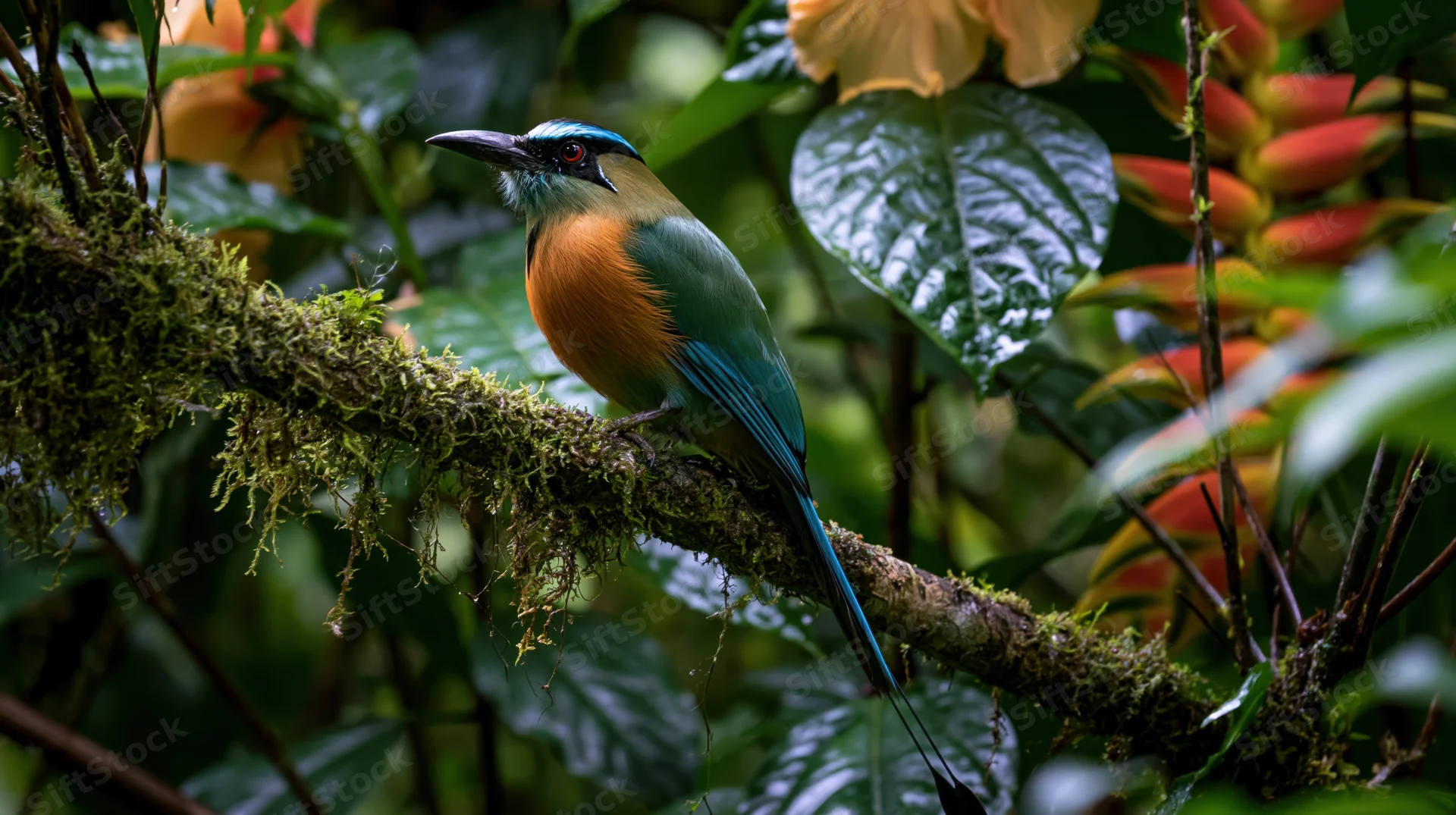 Motmot bird perched on moss-covered branch in dense tropical foliage