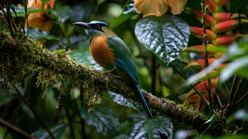 Motmot bird perched on moss-covered branch in dense tropical foliage