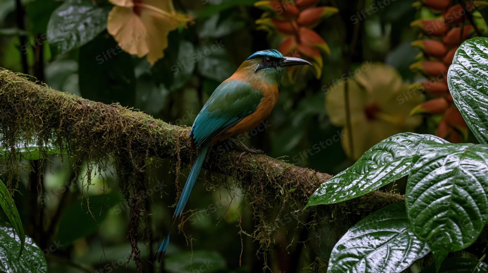 Motmot bird perched on moss-covered branch in dense tropical forest