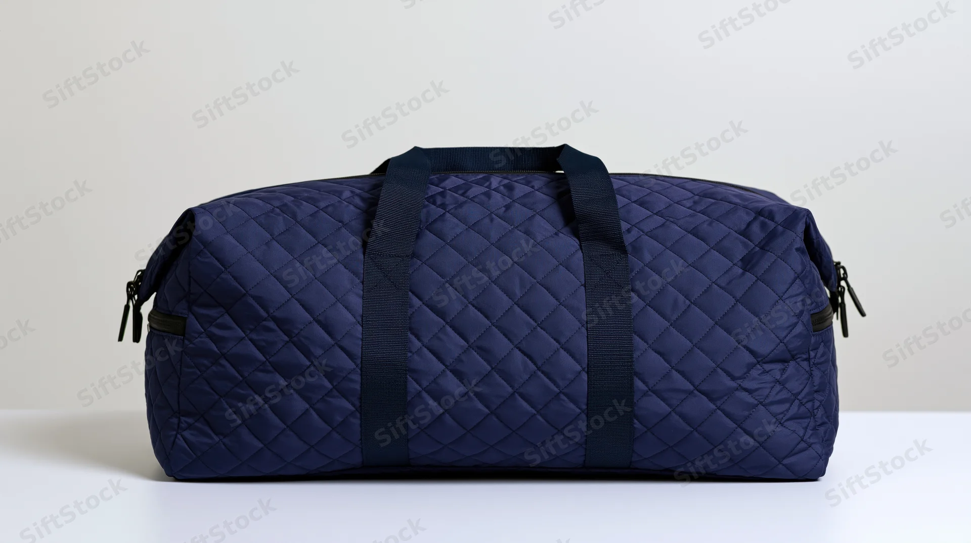 Navy blue quilted nylon duffel bag sitting upright on white surface
