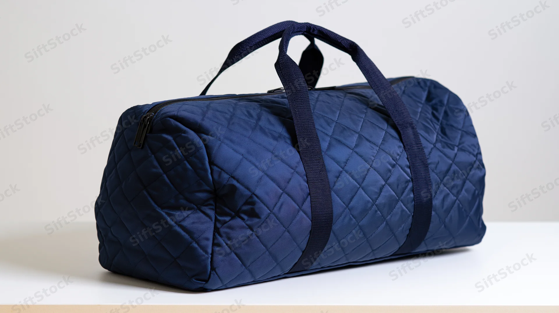 Navy blue quilted nylon duffel bag with handles sitting on white surface