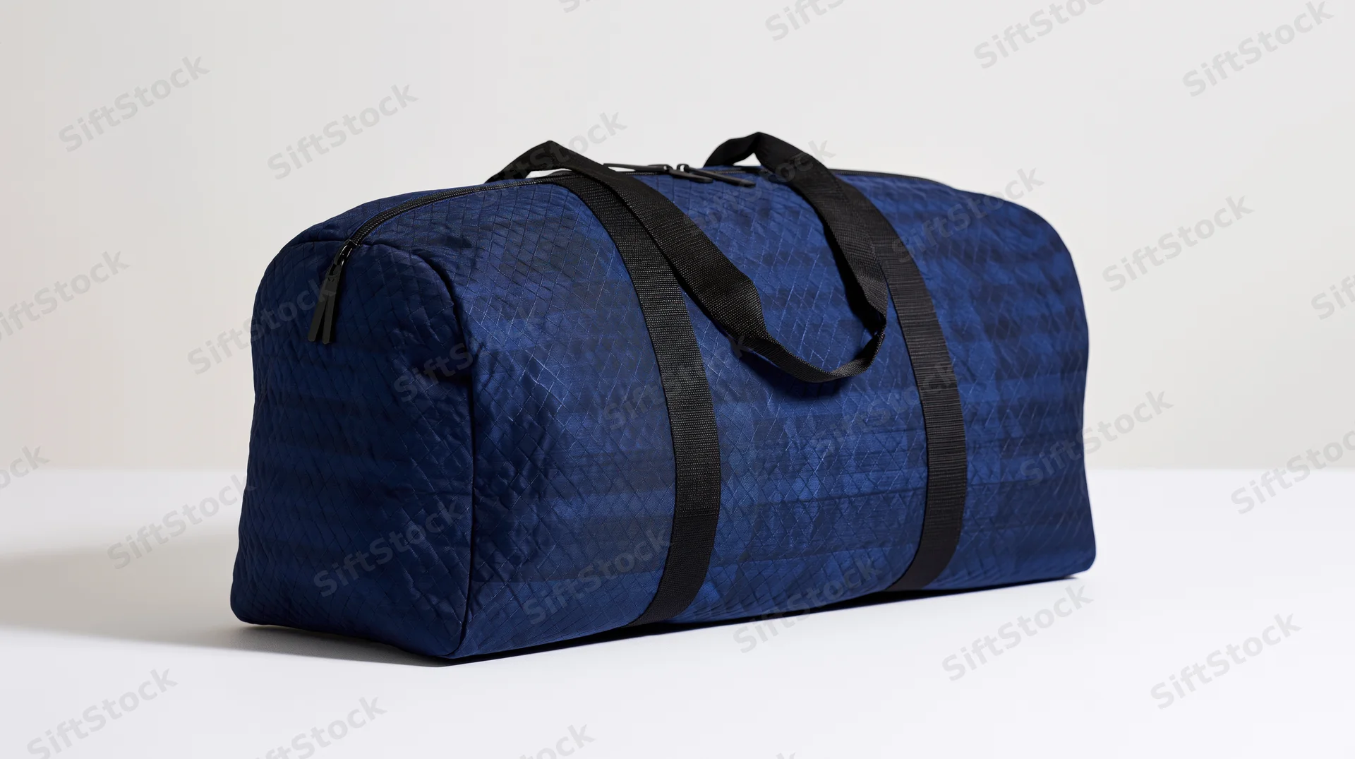 Navy blue nylon duffel bag with black straps sitting upright on a white surface