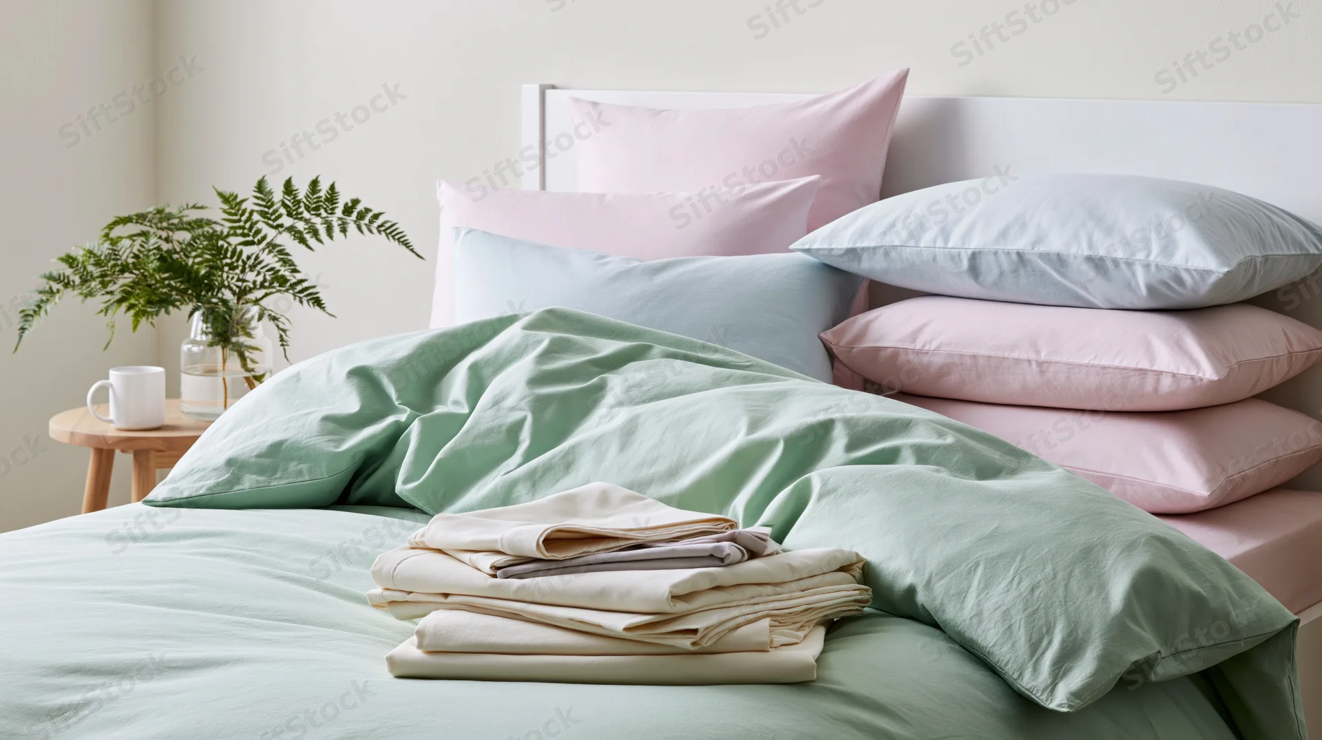 Bed with layered pastel bedding and folded sheets on a white headboard in a bedroom