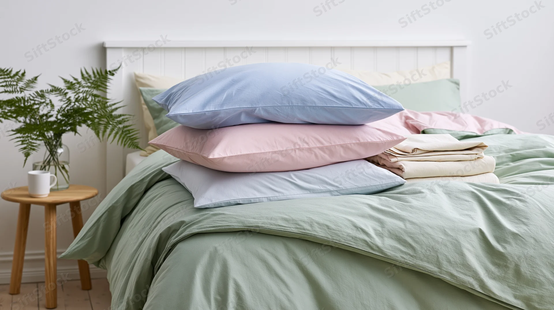 Neatly made bed with stacked pastel pillows and mint green duvet in a bright bedroom
