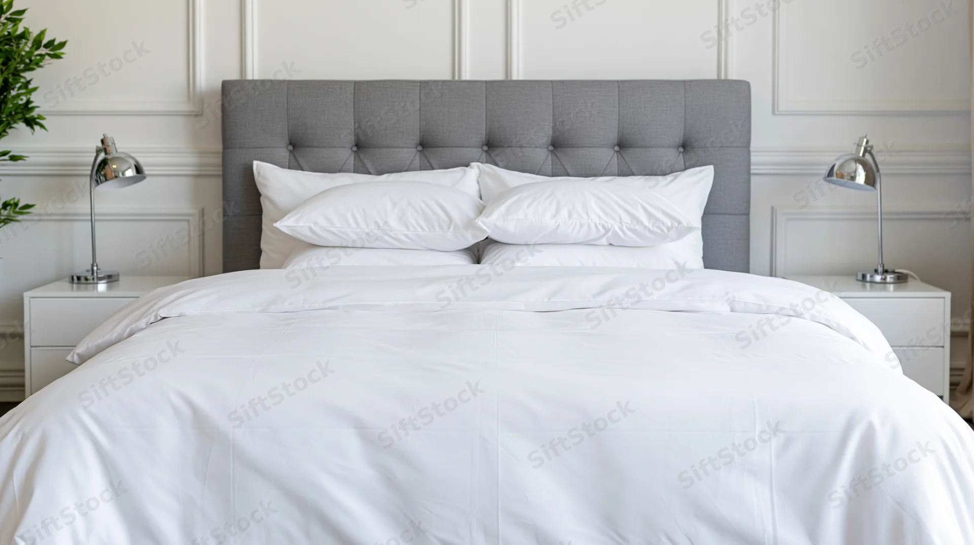 Neatly made bed with white bedding and gray tufted headboard in a modern bedroom