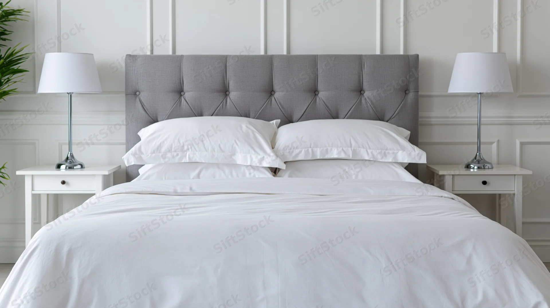 Neatly made bed with white bedding and gray tufted headboard in a modern bedroom with matching nightstands and lamps
