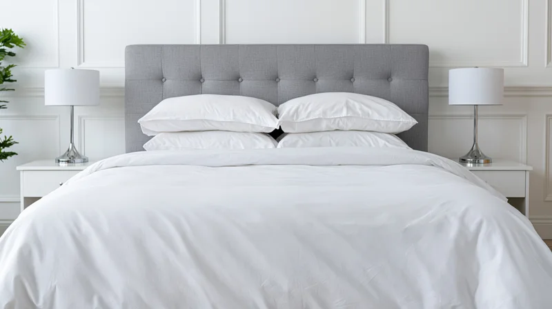 Neatly made bed with white bedding and gray tufted headboard in a modern bedroom