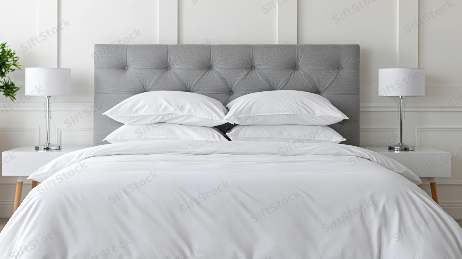 Neatly made bed with white bedding and gray tufted headboard in a modern bedroom