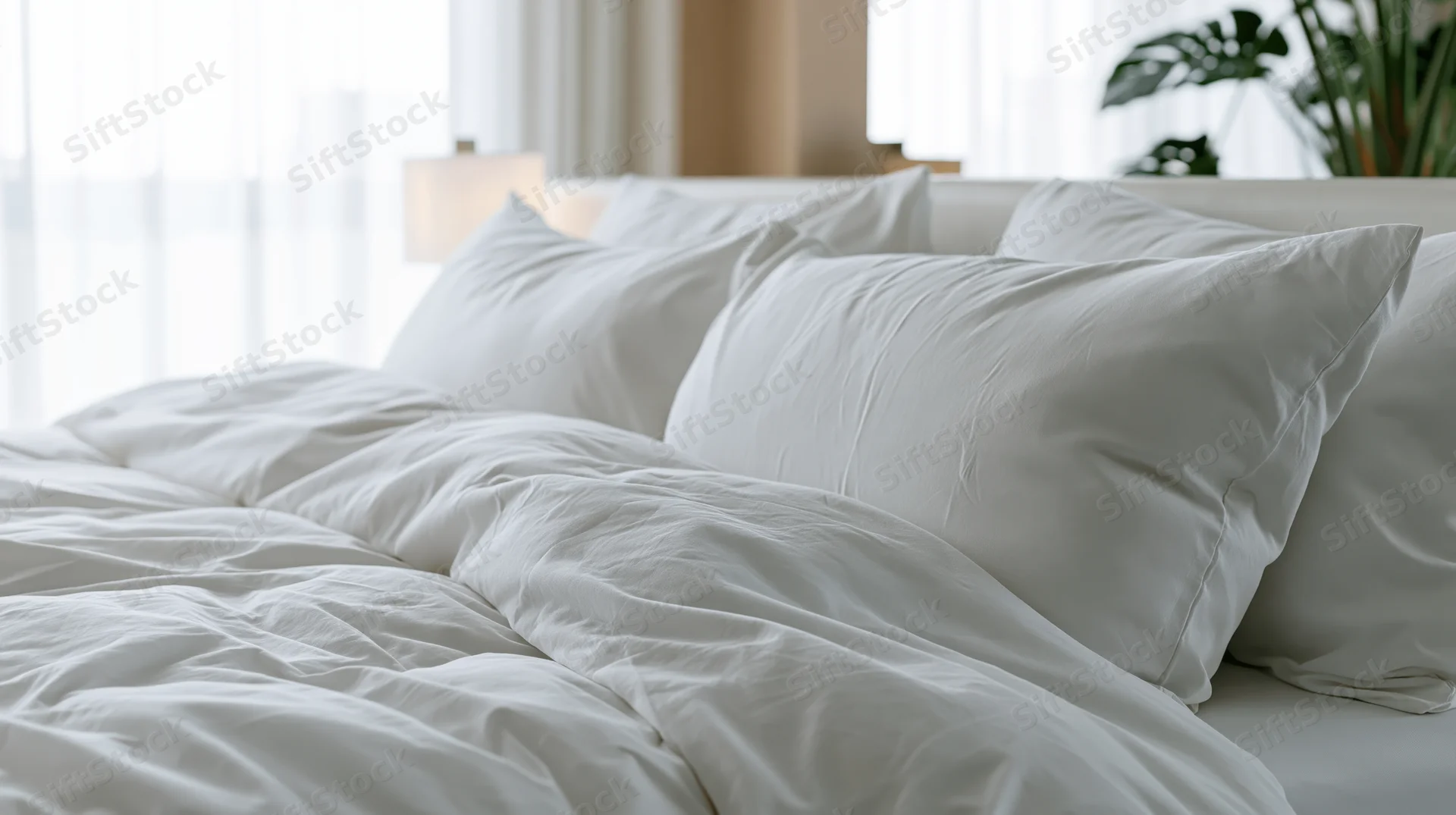 Neatly made hotel bed with crisp white pillows and duvet in a bright bedroom with natural light and green plant in background