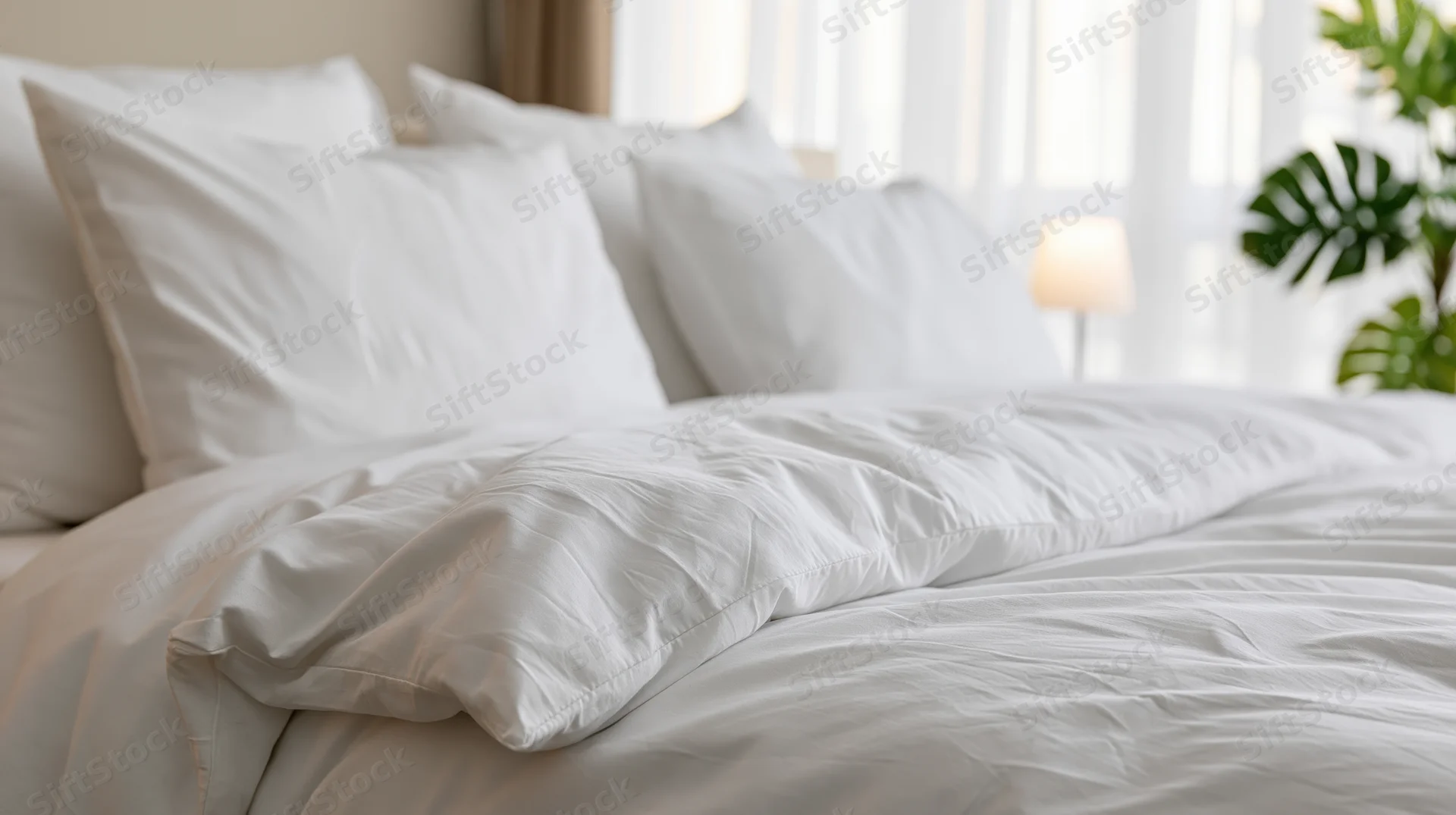 Neatly made hotel bed with crisp white pillows and duvet in a bright bedroom with a lamp and plant