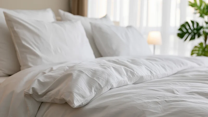 Neatly made hotel bed with crisp white pillows and duvet in a bright bedroom with a lamp and plant