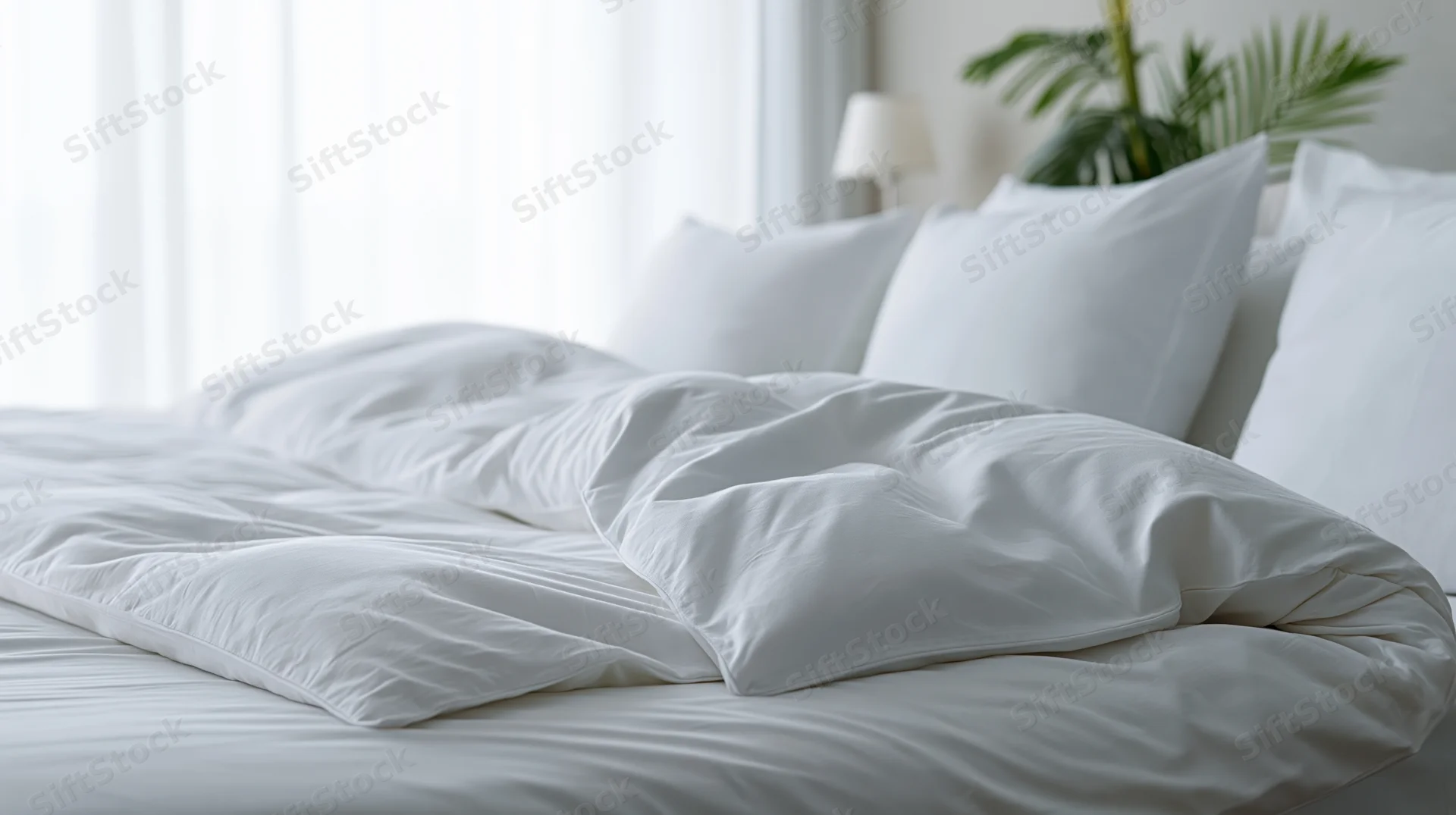 White bedding on a hotel bed with pillows and duvet, near a window with a plant and lamp