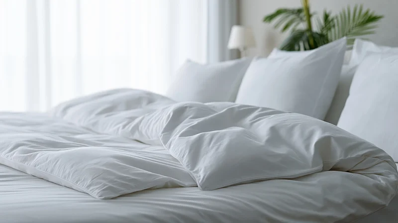 White bedding on a hotel bed with pillows and duvet, near a window with a plant and lamp