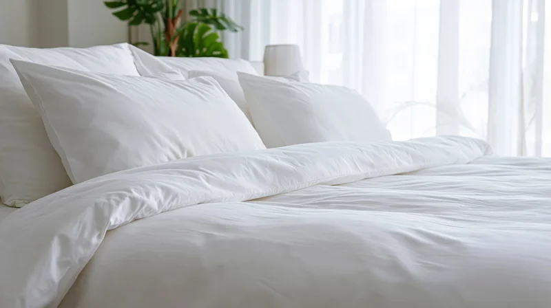 Neatly made hotel bed with crisp white pillows and duvet by a window with sheer curtains and a potted plant in the background