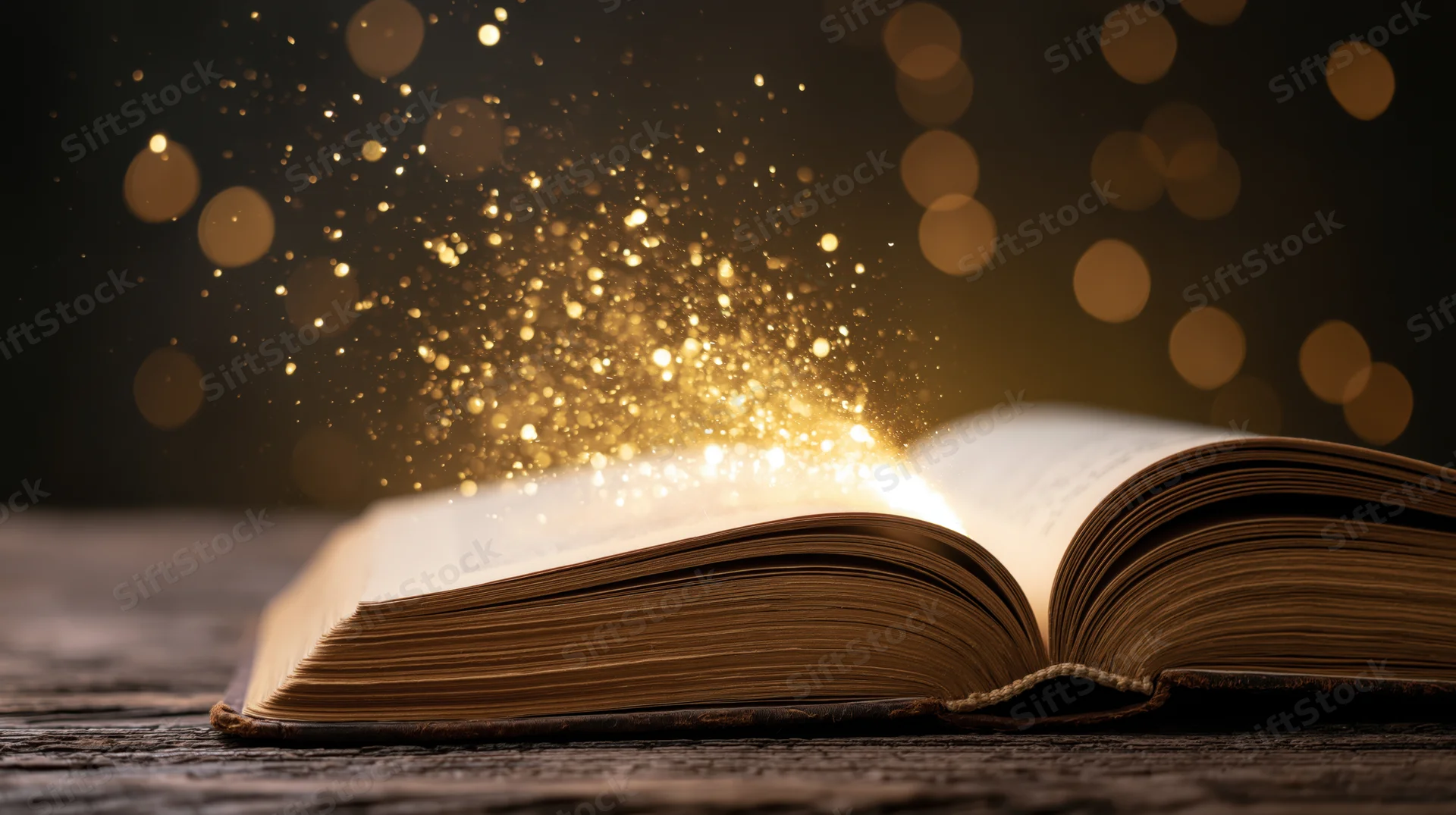 Open vintage book glowing with golden sparkles on a worn wooden table