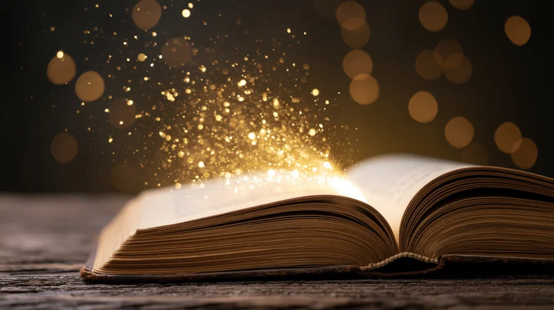 Open vintage book glowing with golden sparkles on a worn wooden table