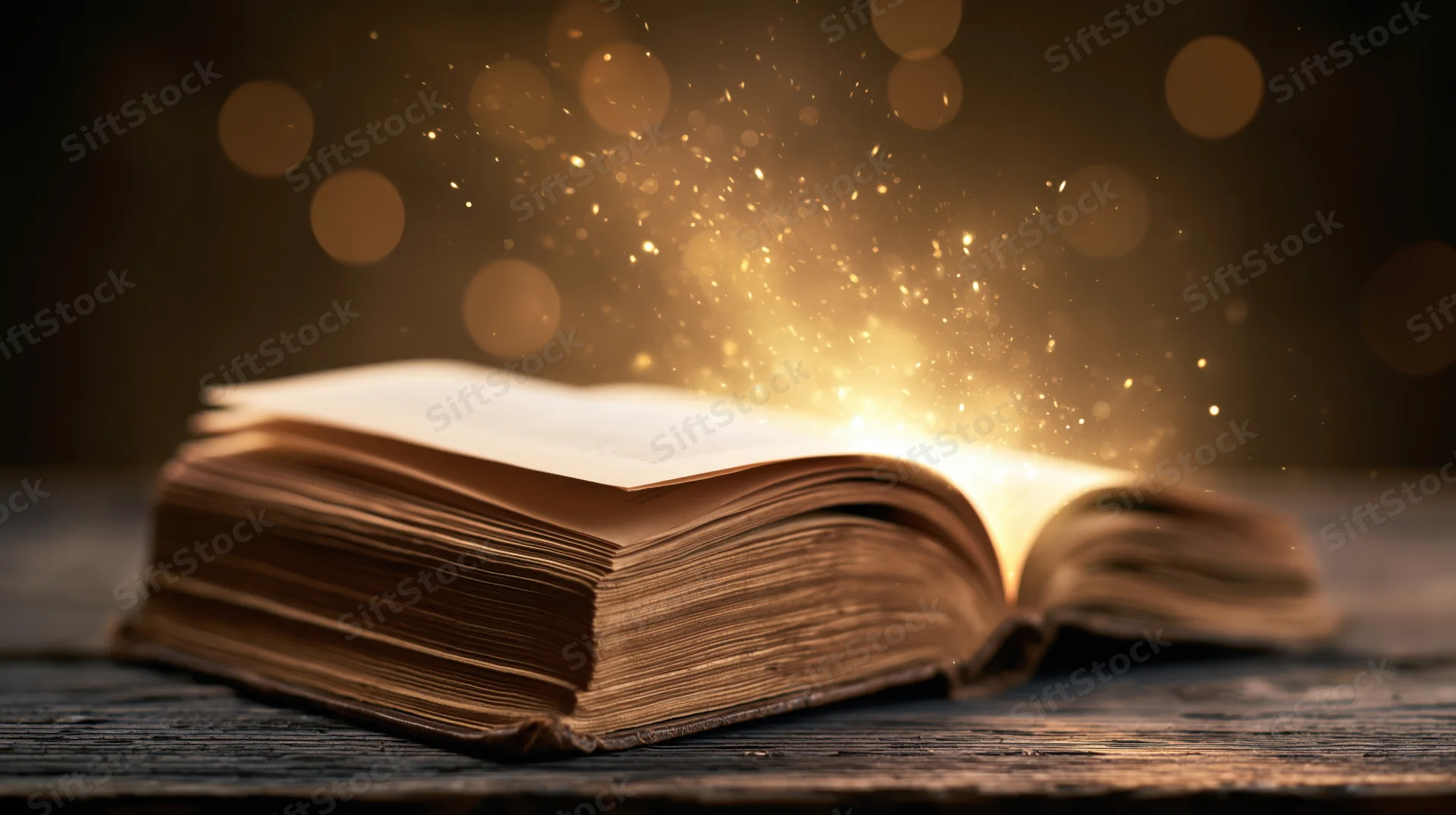 Open old hardcover book glowing with golden sparkles on worn wooden table