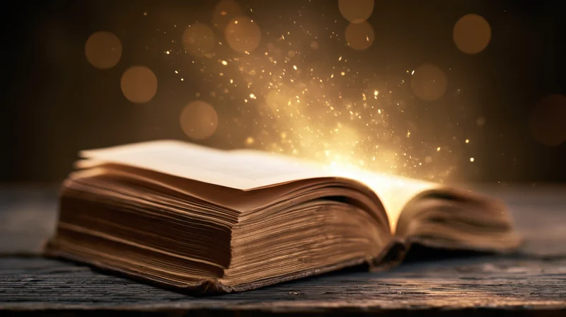 Open old hardcover book glowing with golden sparkles on worn wooden table