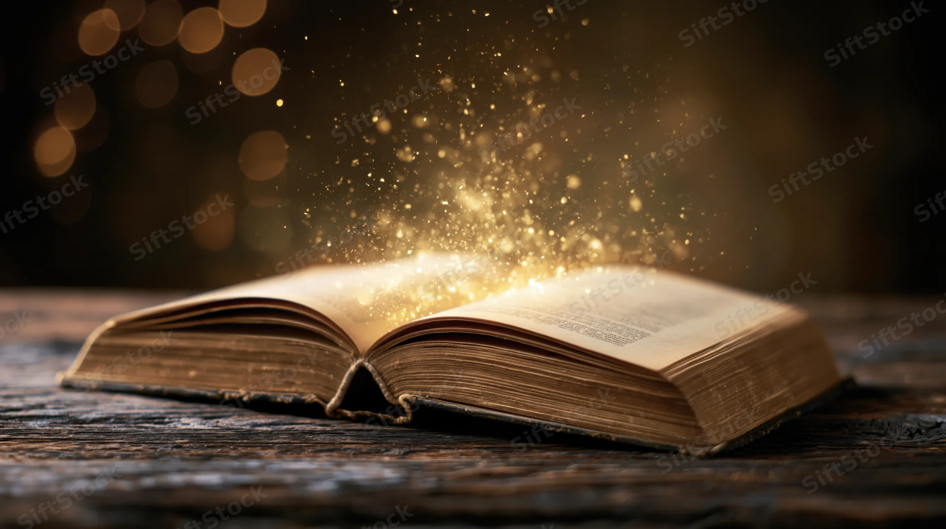 Open vintage book glowing with golden sparkles on a worn wooden table