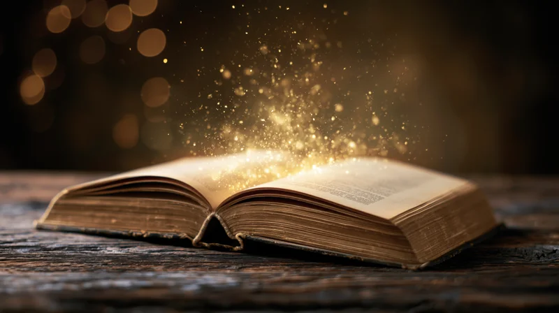 Open vintage book glowing with golden sparkles on a worn wooden table