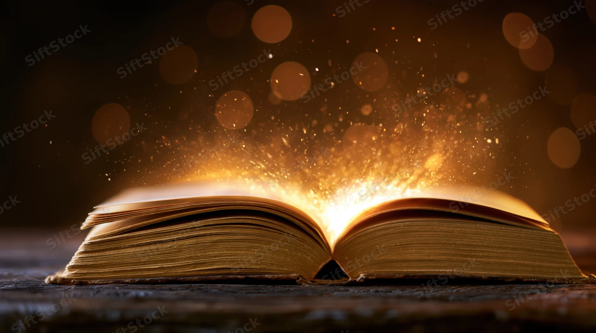 Open old hardcover book glowing with golden light and sparkles on a worn wooden table
