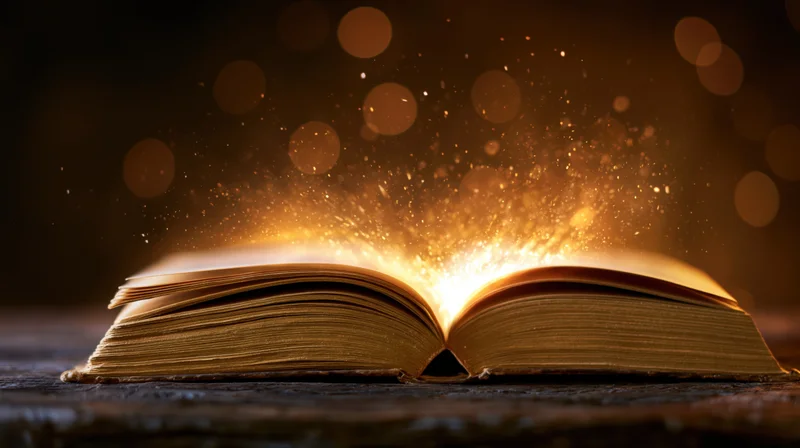 Open old hardcover book glowing with golden light and sparkles on a worn wooden table