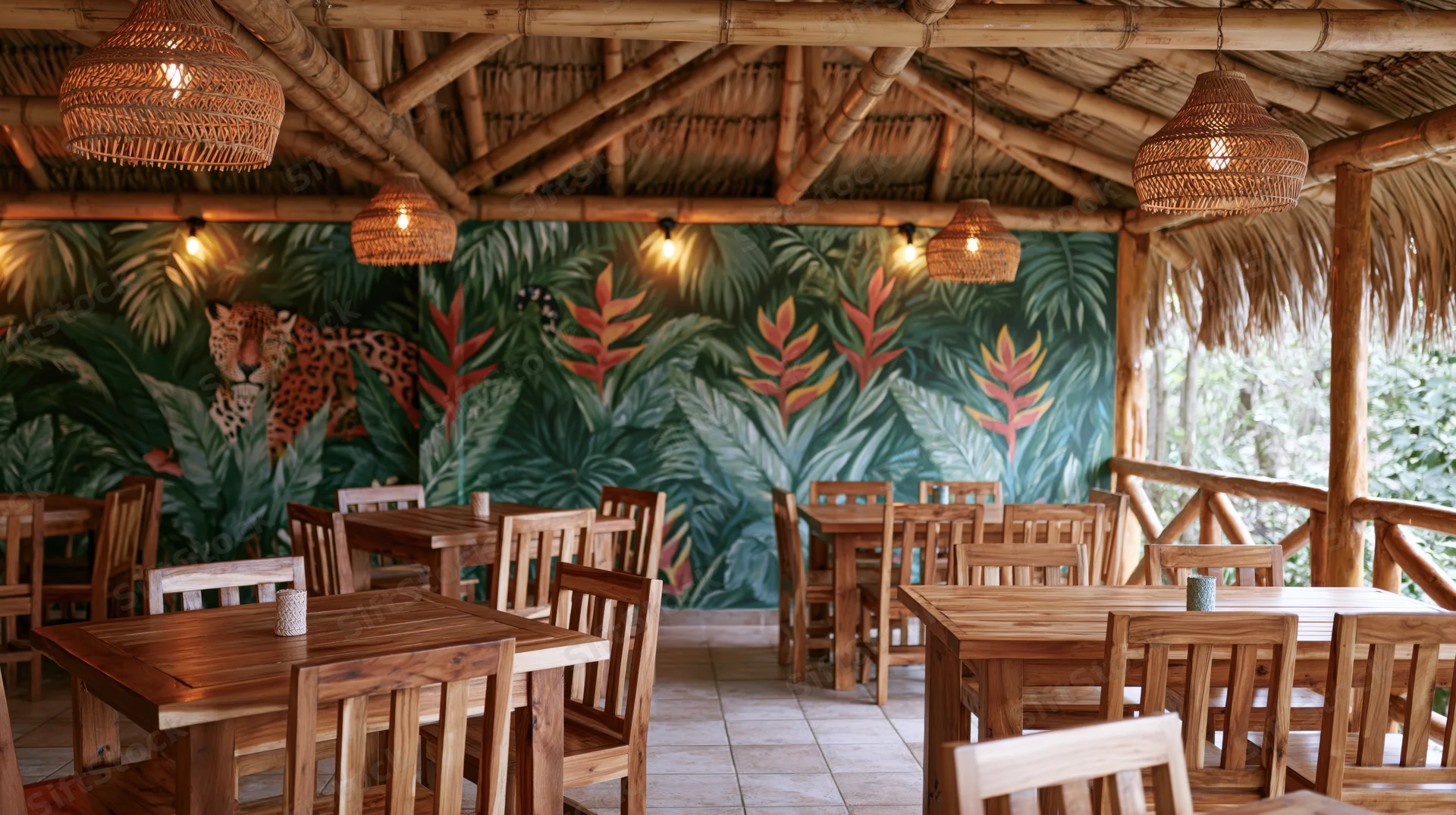 Empty tropical restaurant interior with wooden tables and chairs under thatched roof and jungle mural