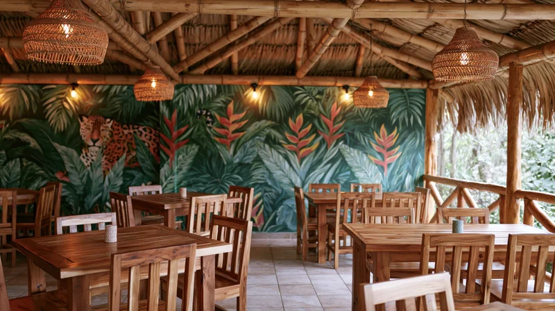 Empty tropical restaurant interior with wooden tables and chairs under thatched roof and jungle mural