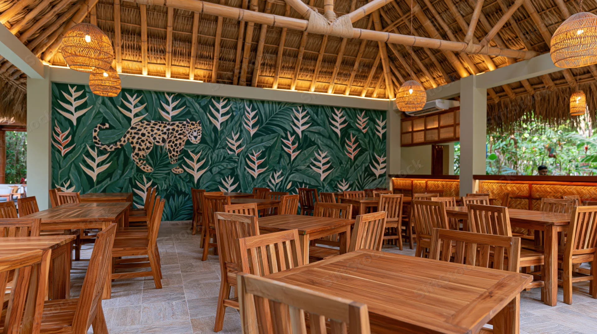 Empty tropical restaurant interior with wooden tables and chairs under thatched roof and jungle mural