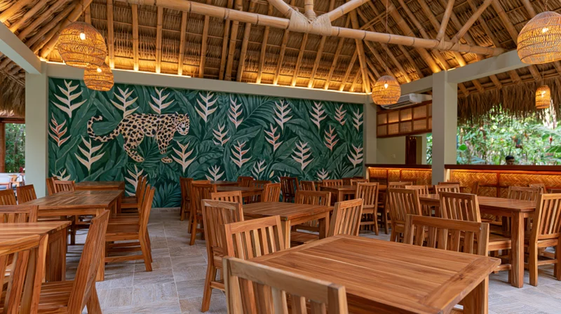 Empty tropical restaurant interior with wooden tables and chairs under thatched roof and jungle mural