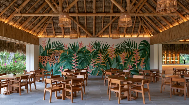 Empty tropical restaurant interior with wooden tables and chairs under thatched roof and jungle mural
