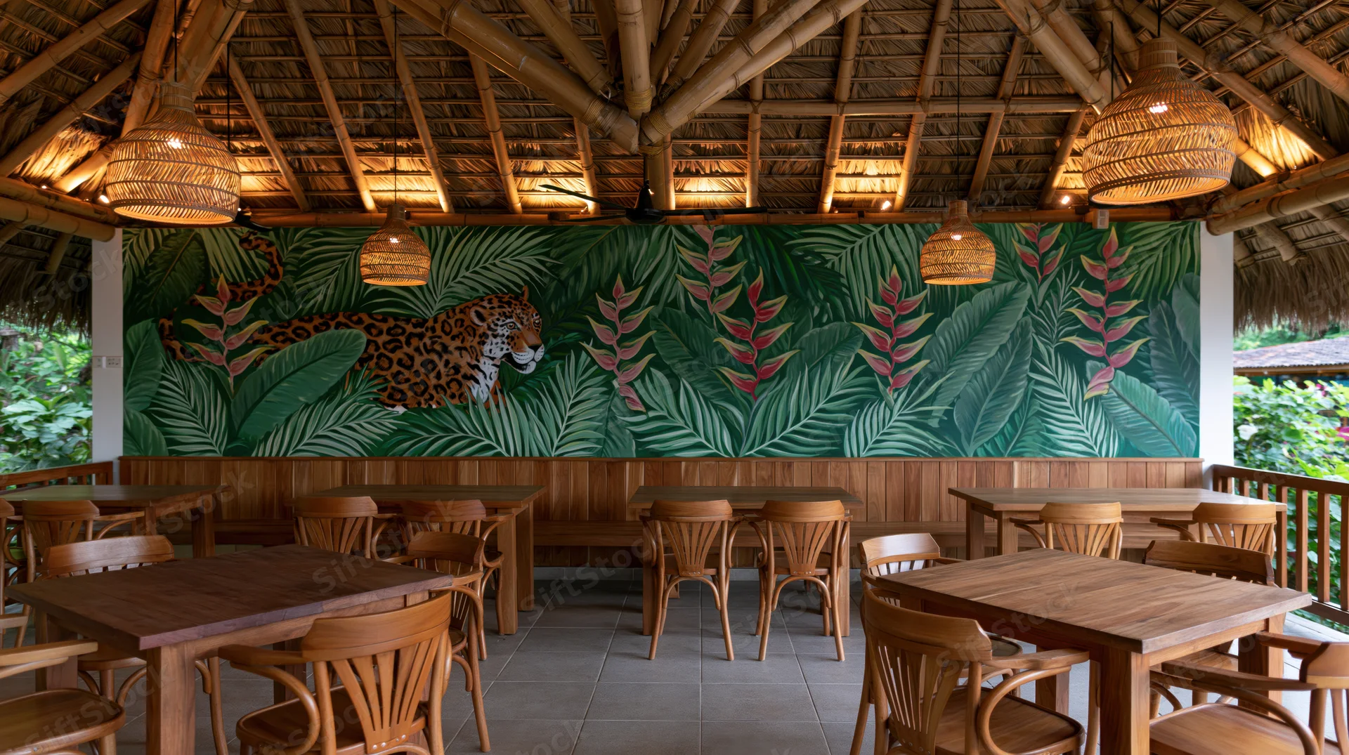 Empty tropical restaurant interior with jungle mural and bamboo ceiling
