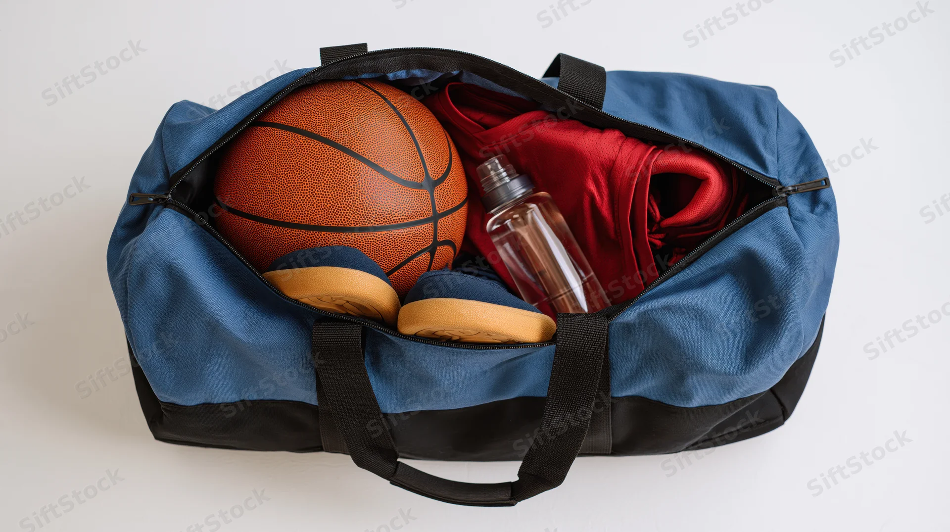 Open blue and black canvas gym duffel bag filled with basketball, red shirt, water bottle and sneakers on white background