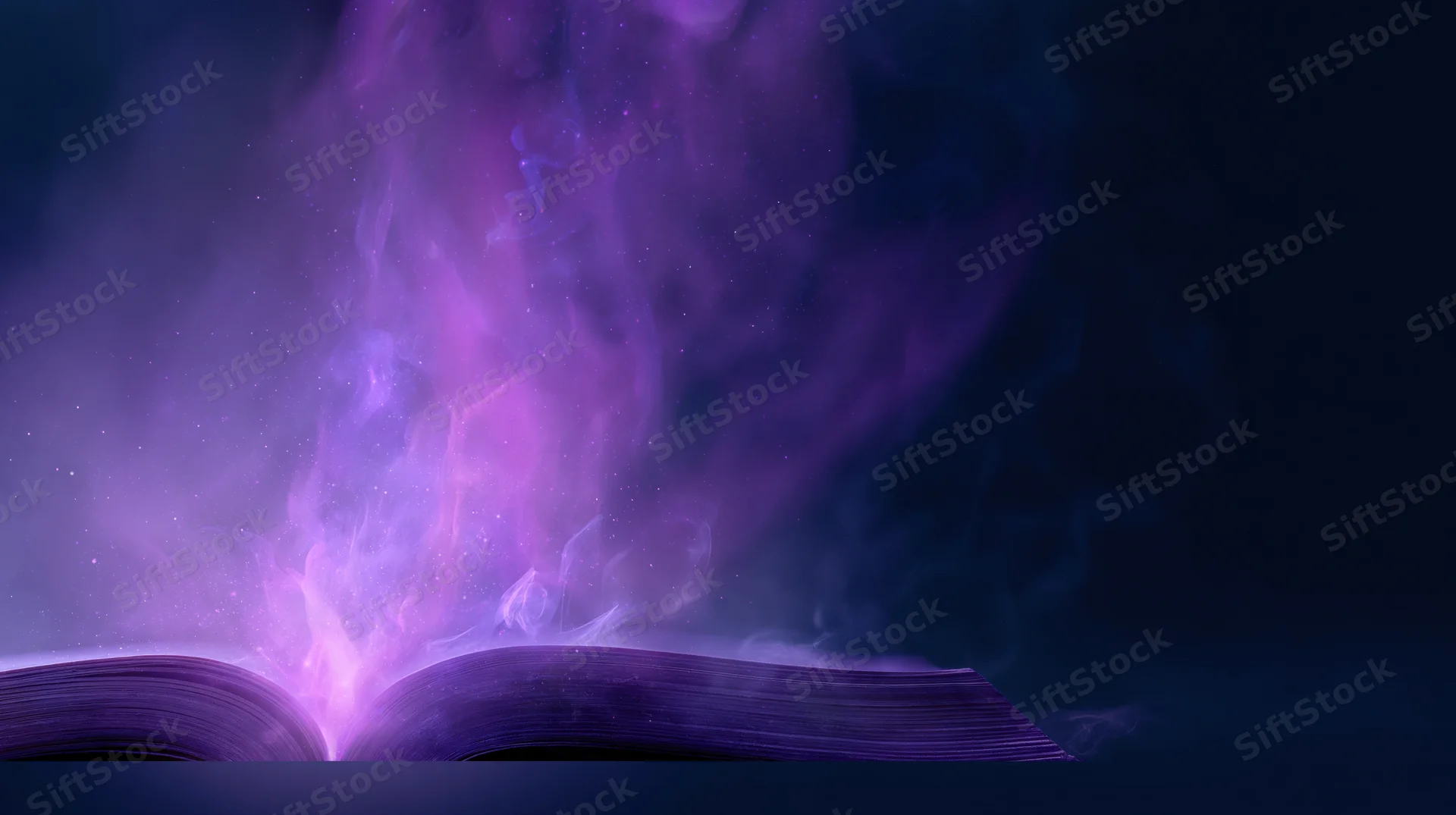 Open book glowing with swirling purple light and smoke rising from its pages in a dark setting