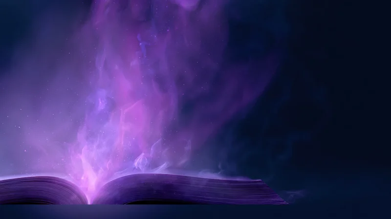 Open book glowing with swirling purple light and smoke rising from its pages in a dark setting