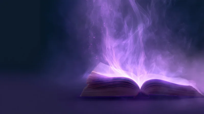 Open book glowing with swirling purple light and smoke rising