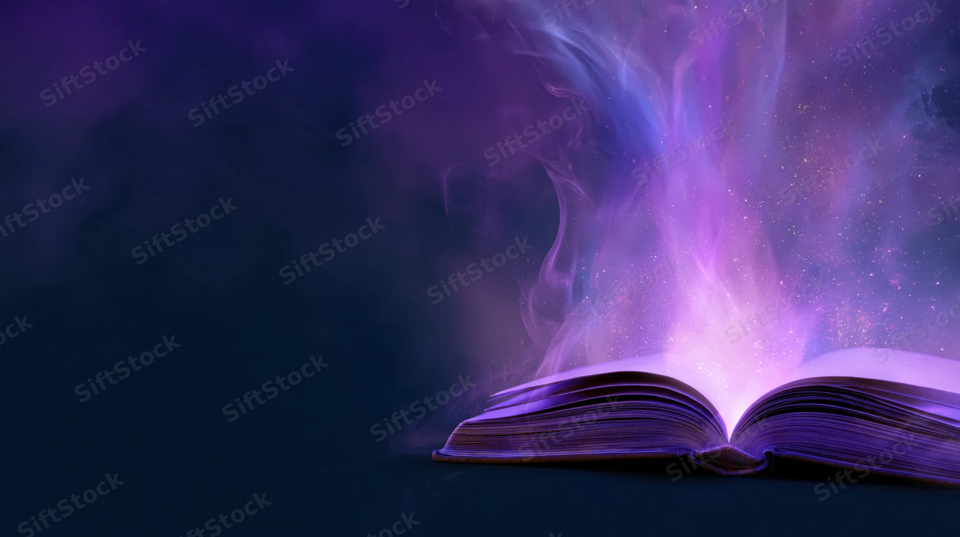 Open book glowing with swirling purple light and smoke rising from its pages against a dark background