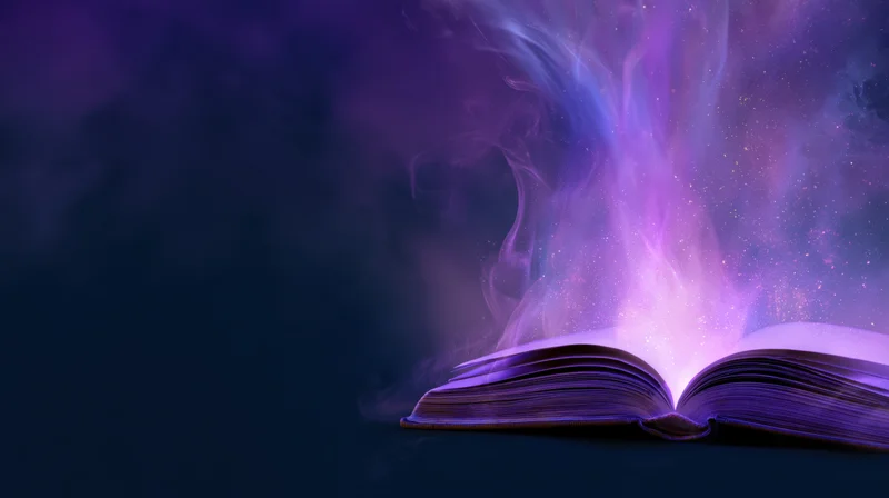 Open book glowing with swirling purple light and smoke rising from its pages against a dark background