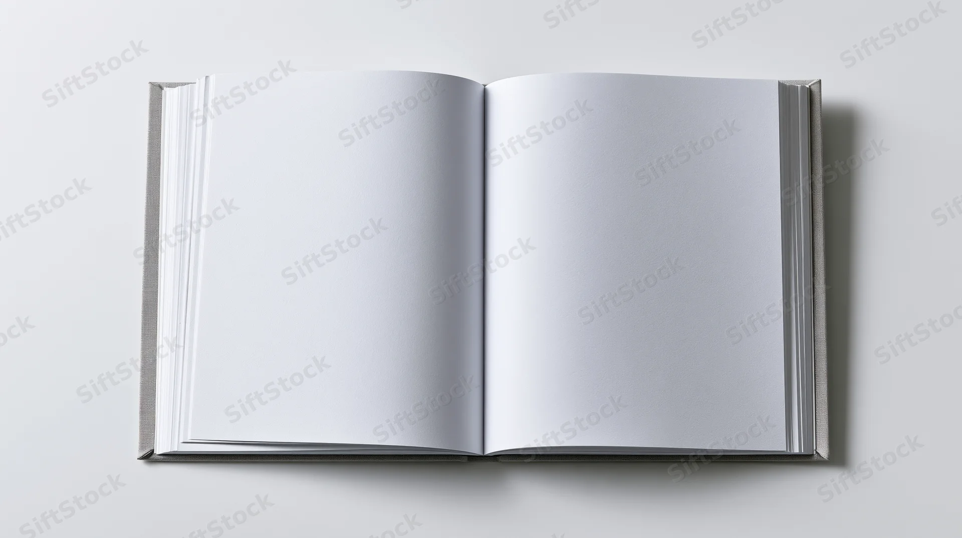 Open hardcover book with blank white pages lying flat on white surface