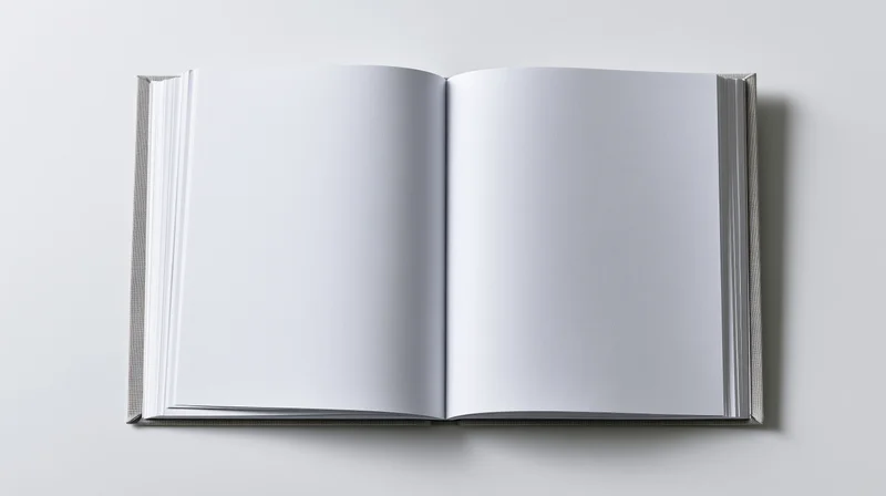 Open hardcover book with blank white pages lying flat on white surface